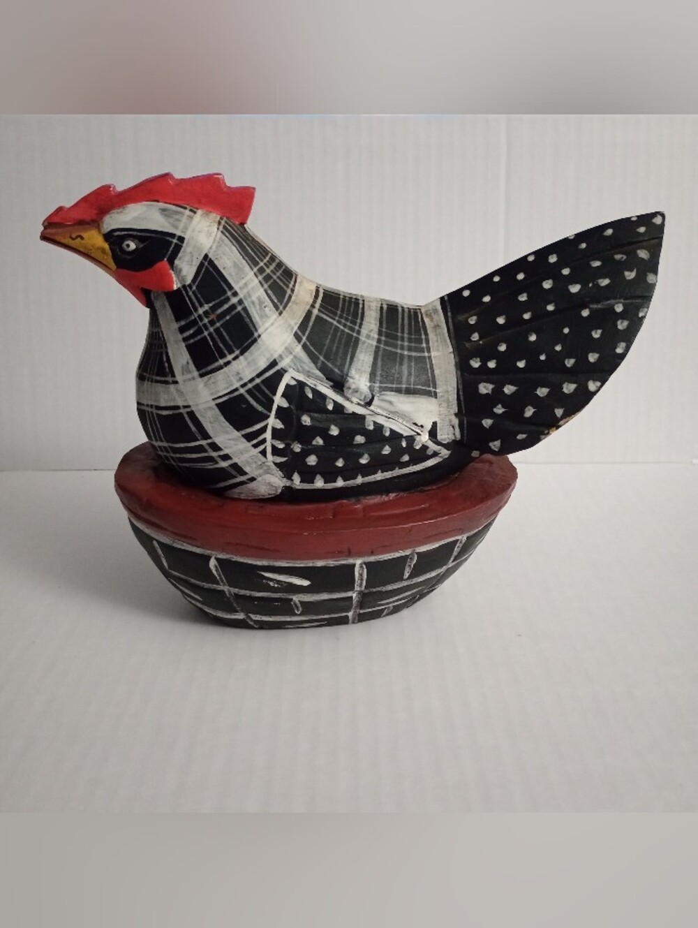 Vintage Indonesian Carved Wood Chicken Nesting In Basket Farmhouse Style